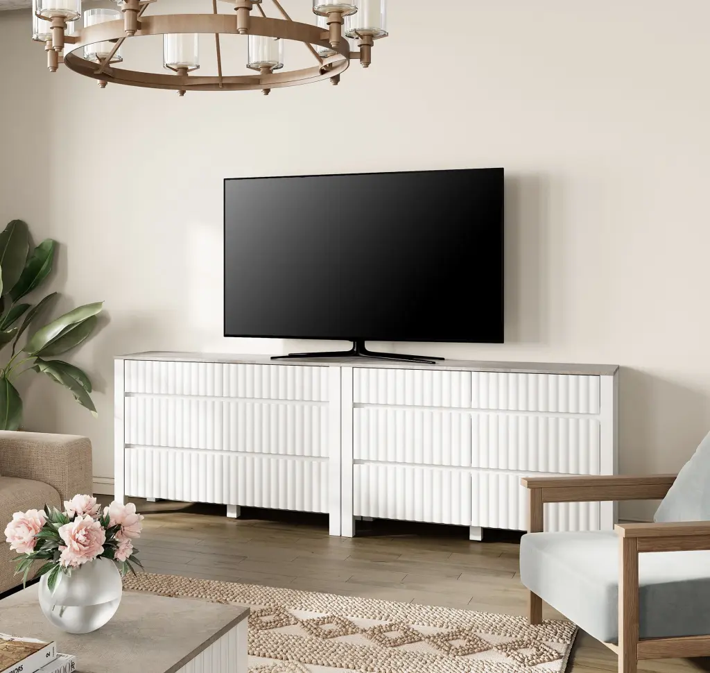 WAMPAT White TV Stand 100 Inch TVs 12 Storage Drawers Entertainment Center