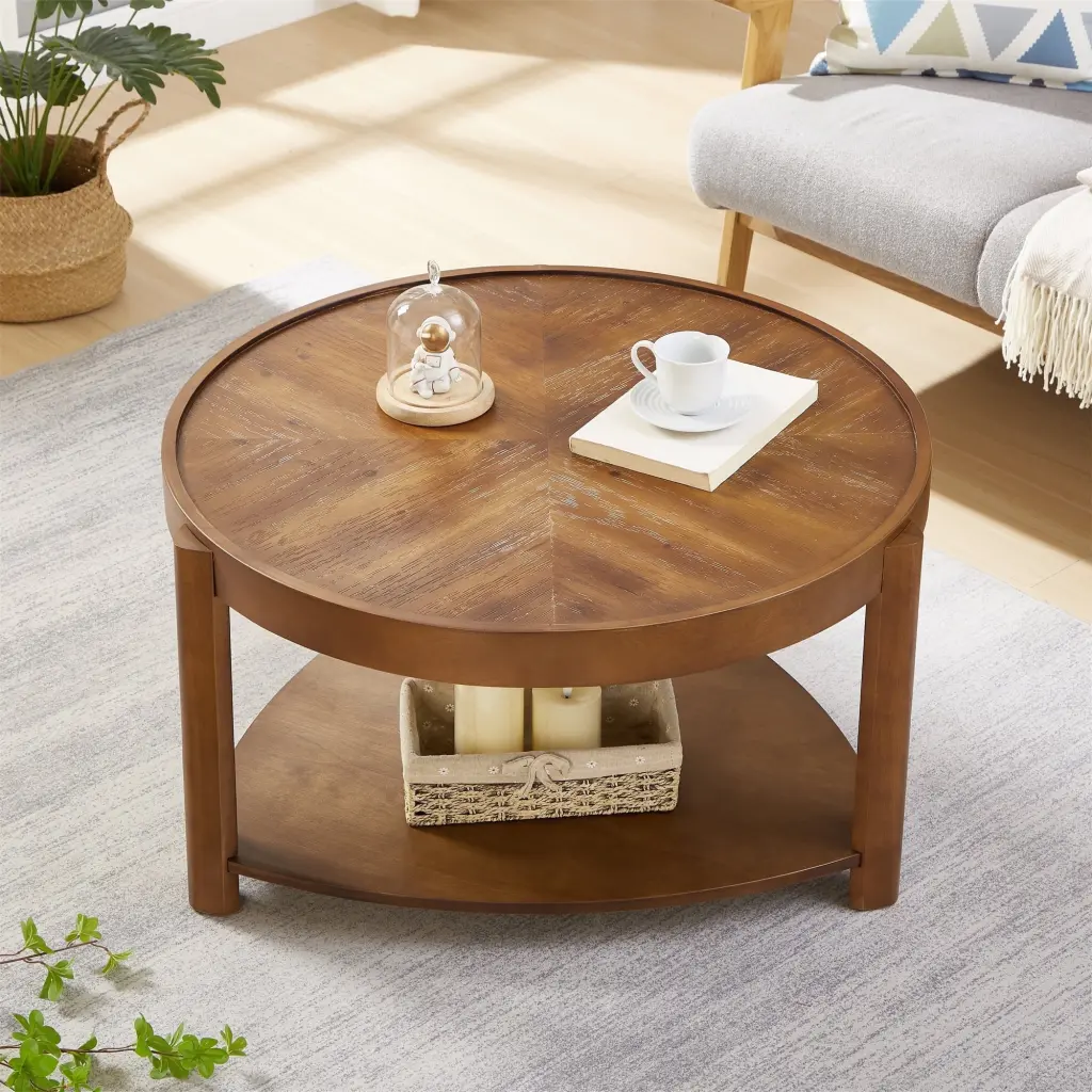 MCPRST 32 Inch Round Coffee Table 2-Tier Storage Shelf Walnut Finish