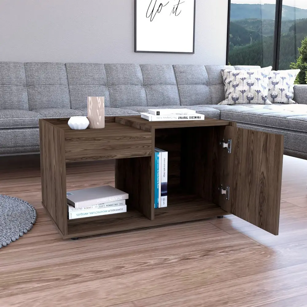 Coffee Table Dext Single Door Cabinet Open Shelf Dark Walnut Finish treevol furniture