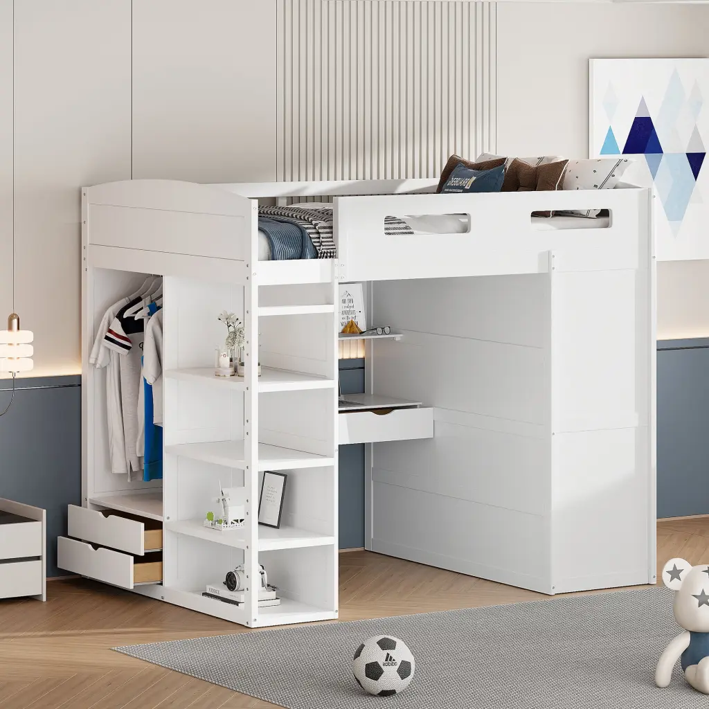 Full Loft Bed Desk Wardrobes 4 Drawers and 4 Shelves White lucky furniture