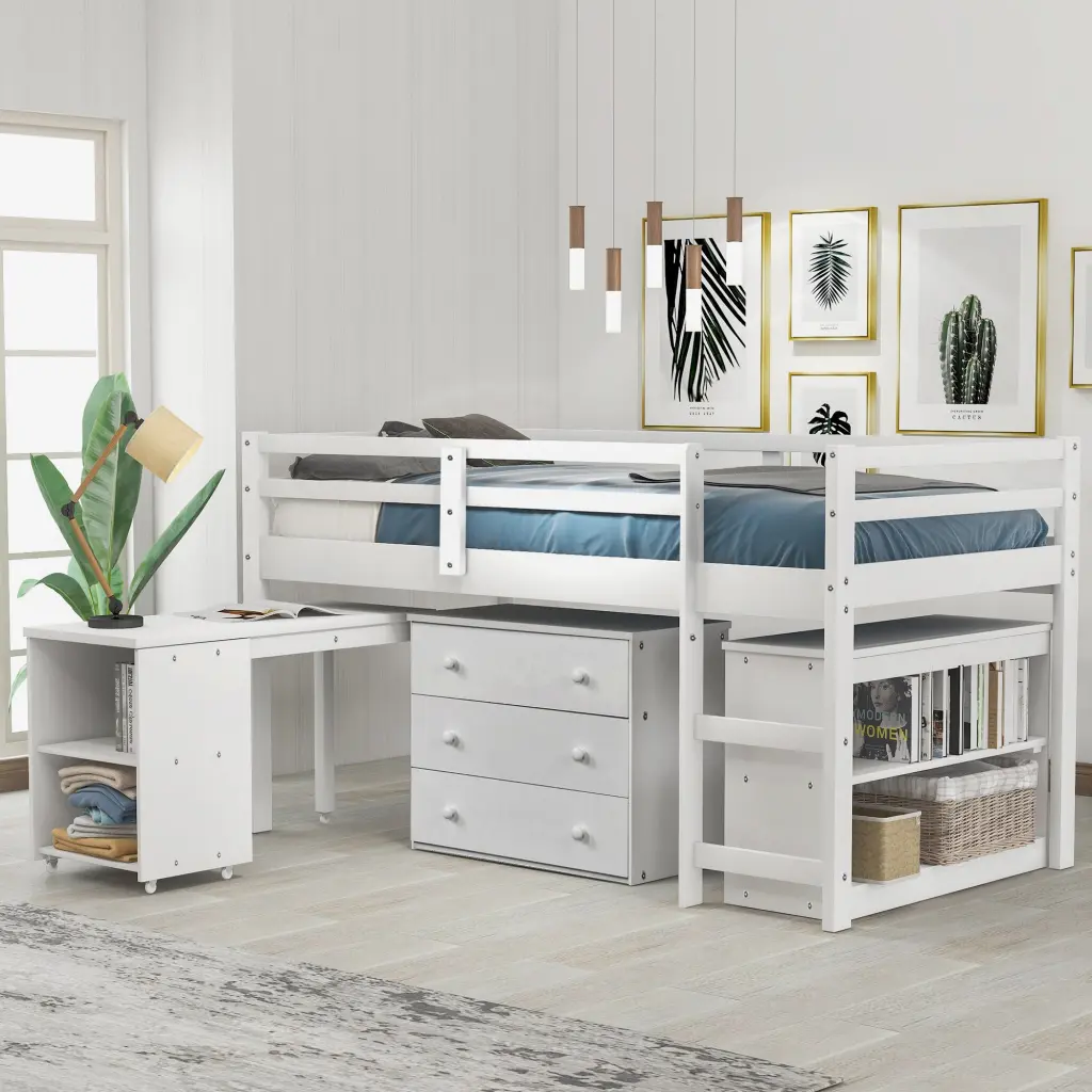 Low Study Twin Loft Bed Cabinet And Rolling Travel Friendly Desk White Oak lucky furniture