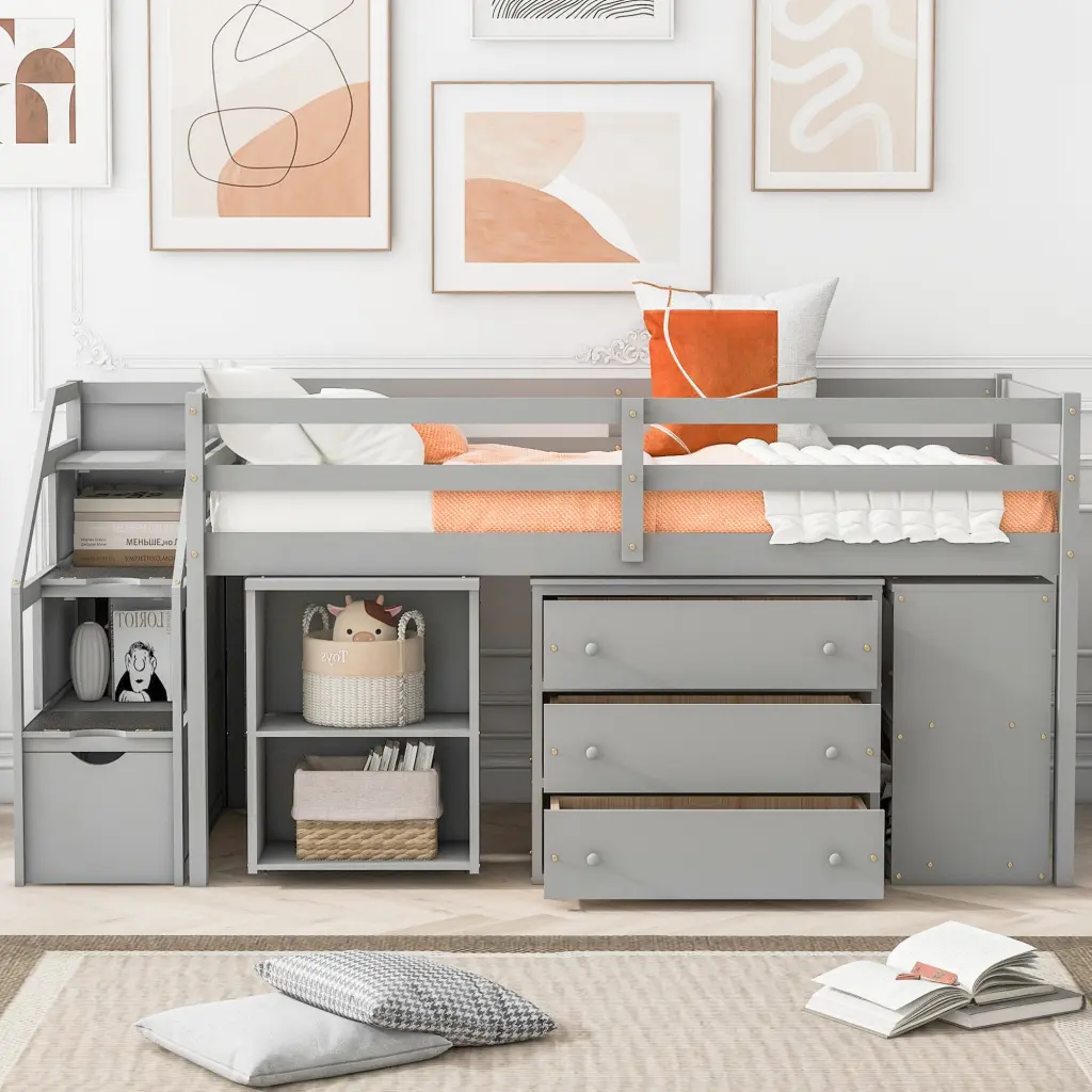 Twin Loft Bed Retractable Writing Desk and 3 Drawers - Wooden Study Bed lucky furniture