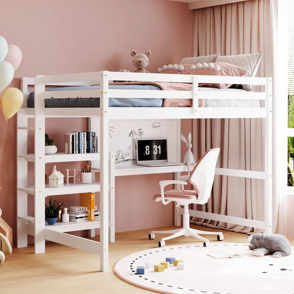 White Full Dimensions Wooden Loft Bed Shelves Desk and Writing Board lucky furniture