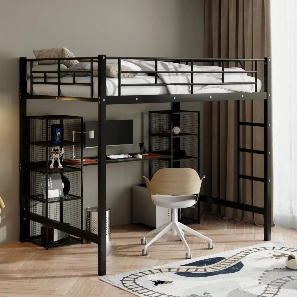 Full Size Metal Loft Bed Built- Desk and Shelves Black Brown Finish wm dreamland