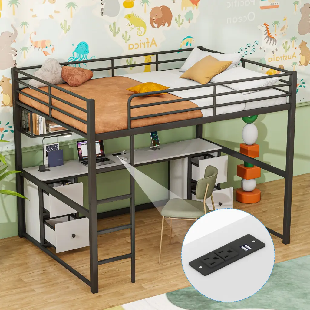 Full Size Metal Loft Bed Desk Drawers and Bedside Tray Charging Station wm dreamland