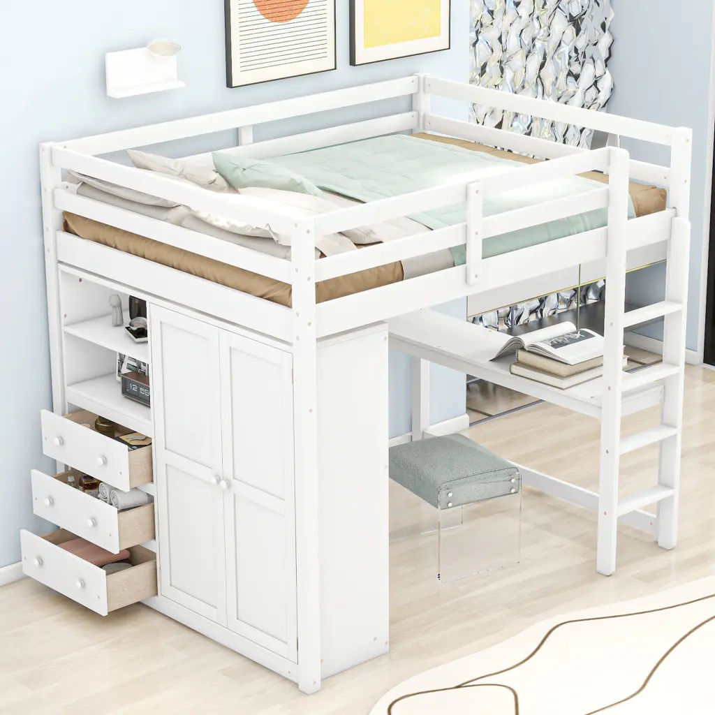 Wood Full Size Loft Bed Built- Wardrobe, Desk, and Storage Shelves wm store