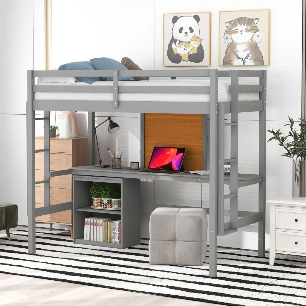 Twin Size Loft Bed Desk and Writing Board Wooden Loft Bed lucky furniture