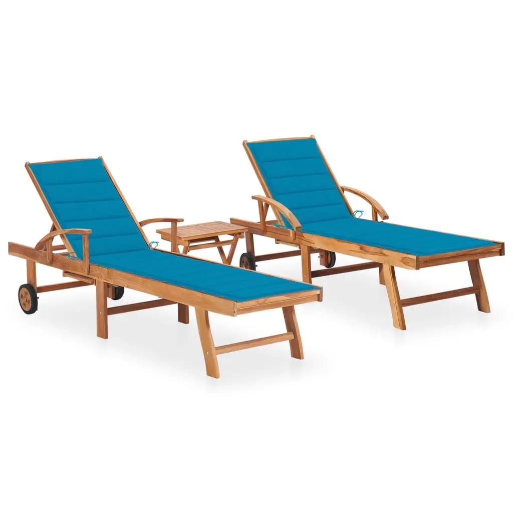 2 Piece Solid Teak Wood Sun Loungers Set Table and Cushions