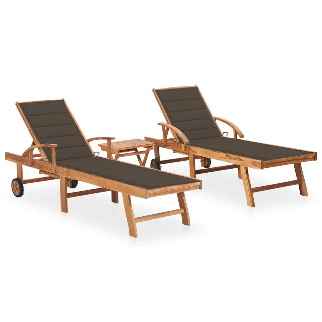 2 Piece Teak Wood Sun Loungers Set Table and Cushions Outdoor