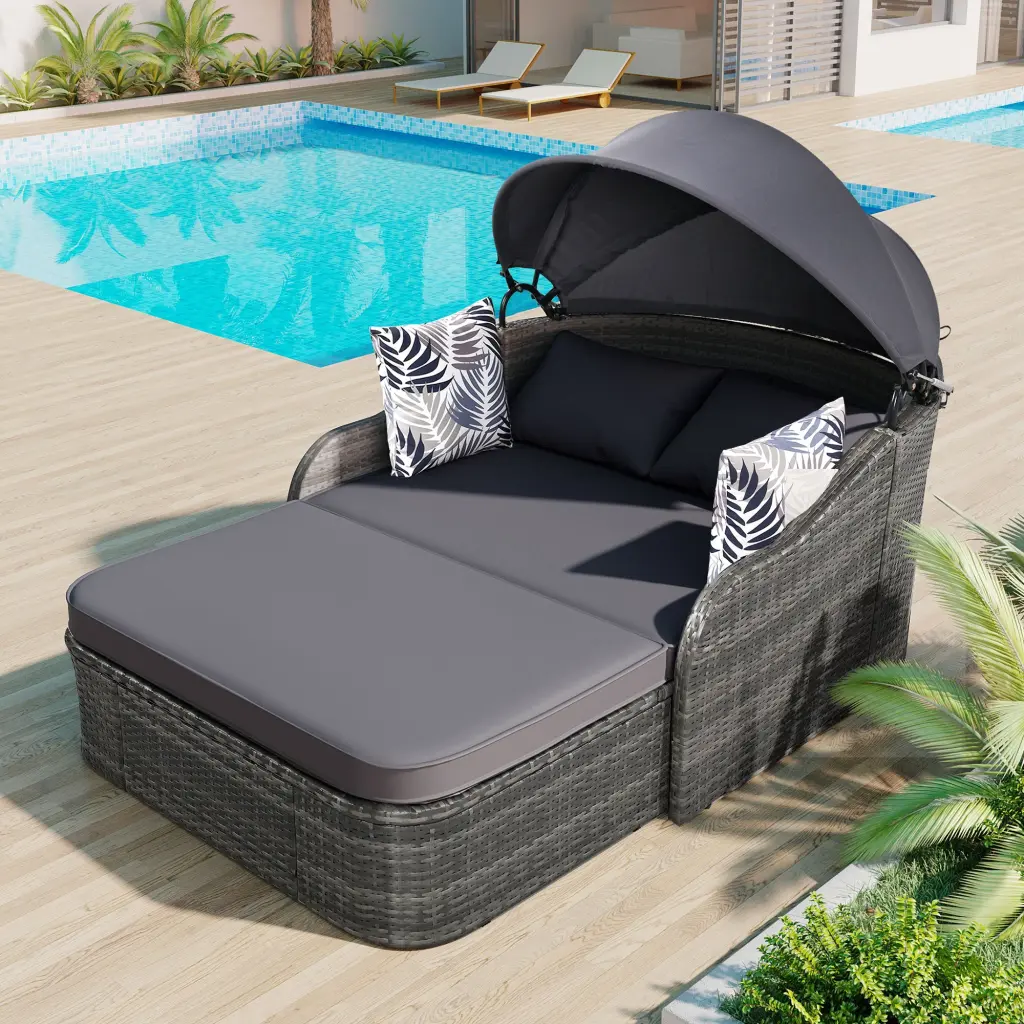 79.9 Inch Outdoor Sunbed Customizable Canopy Double Lounge PE Rattan go