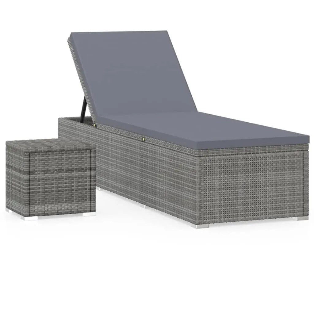 Gray Poly Rattan Sun Lounger Cushion and Tea Table Outdoor Furniture