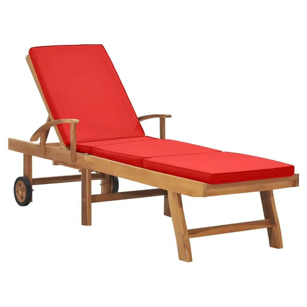 Solid Teak Wood Sun Lounger Red Cushion Outdoor Patio Furniture
