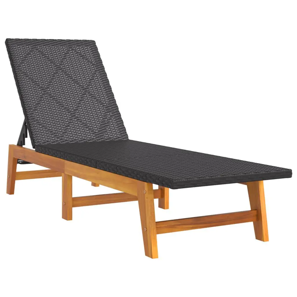 Sun Lounger Black and Brown Poly Rattan and Solid Wood Acacia Outdoor Lounge Chair