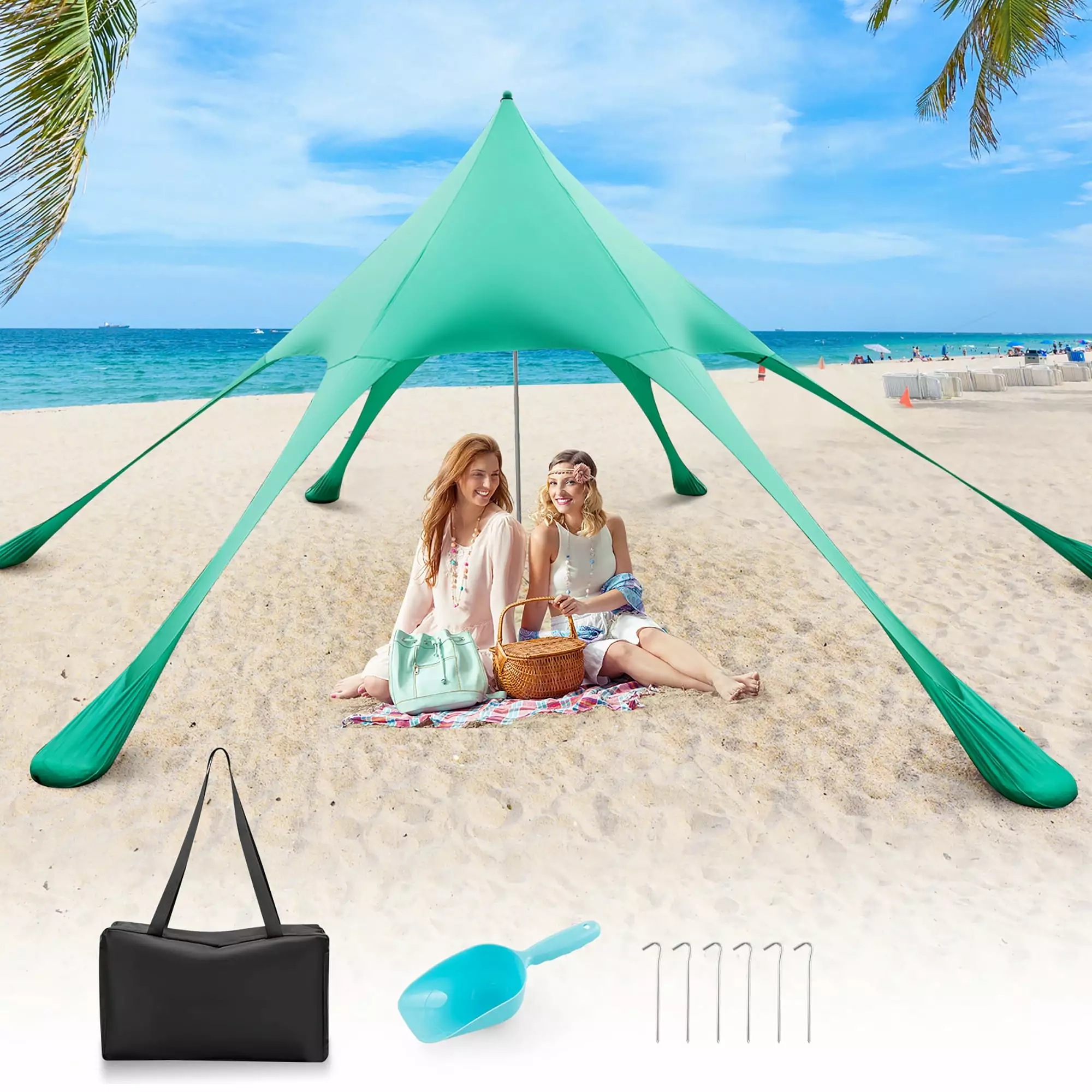 Costway 20x20 FT Beach Sunshade Canopy UPF50+ Carry Bag 8 Sandbags & Shovel Green