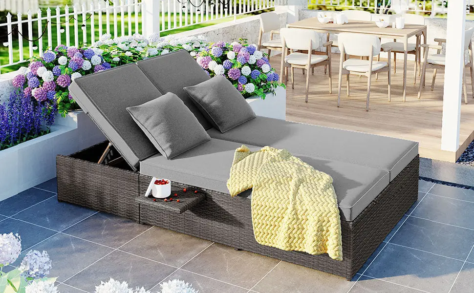 Outdoor Double Sunbed Wicker Rattan Patio Reclining Chairs Adjustable topmax