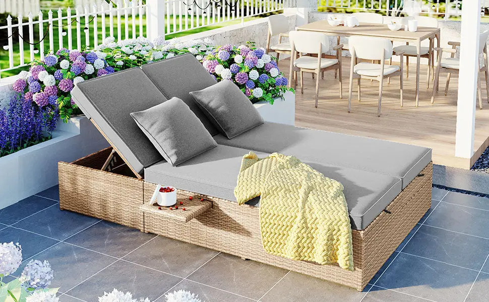 Outdoor Double Sunbed Wicker Rattan Patio Reclining Chairs Adjustable Back topmax