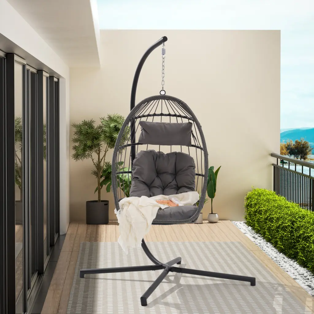 Outdoor Garden Rattan Egg Swing Chair Hanging Chair Light Gray Cushion deeray store