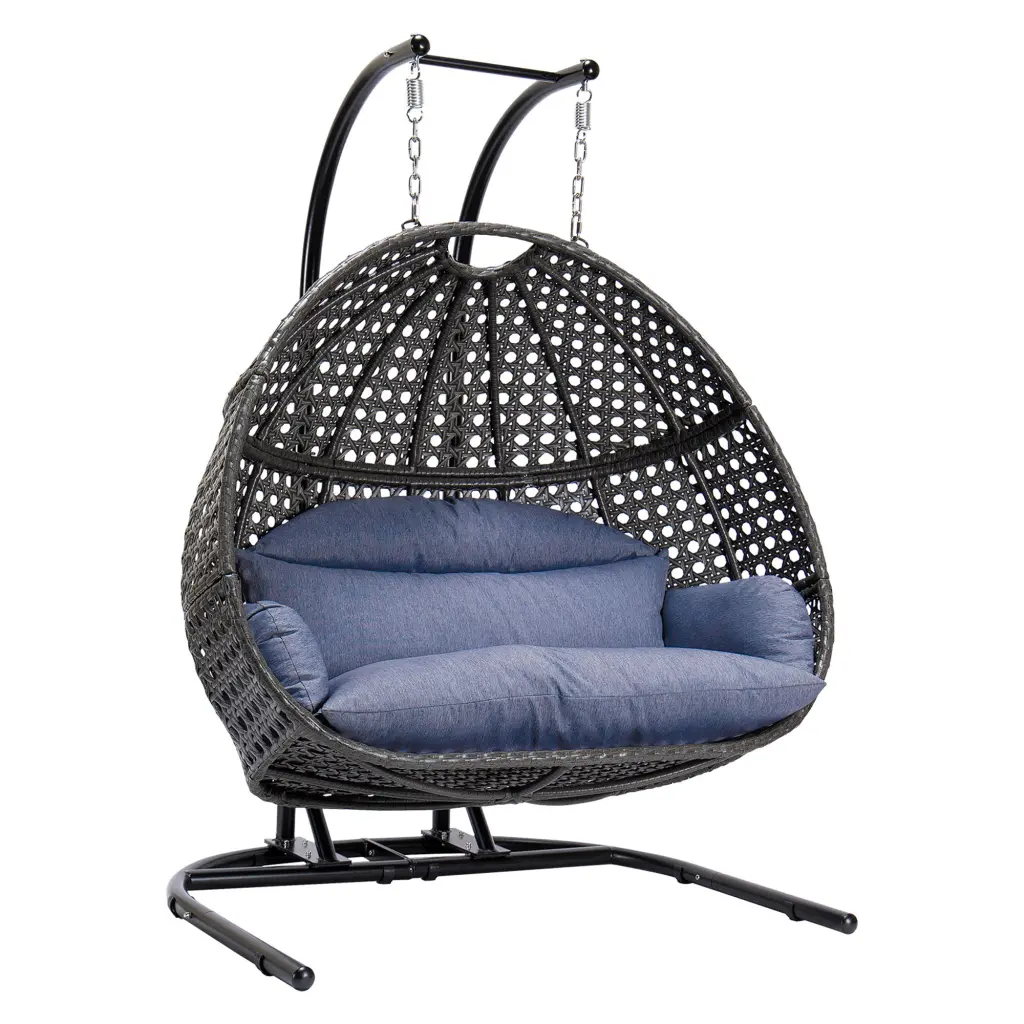 Double Seat Swing Chair Stand And Cushion Black Blue Cotton Rattan rnb