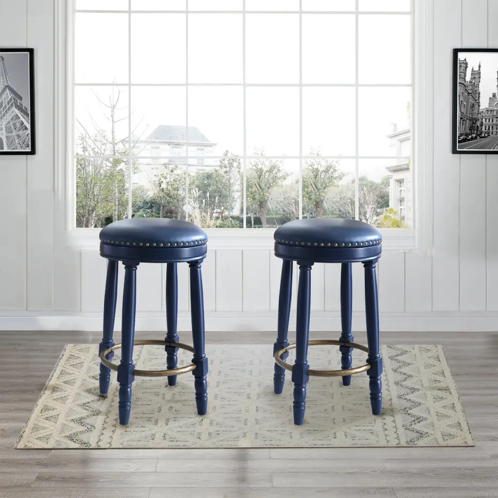 Bar Stools Set 2 Dark Blue 360 Degree Swivel Accent Wooden Seat Counter Height agody furniture