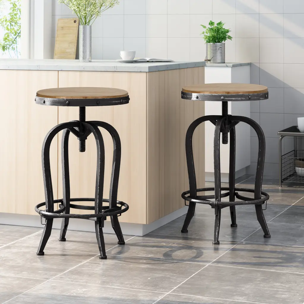 Industrial Firwood Customizable Height Swivel Barstools Set 2 Natural Wood Kitchen Stools nh-inmax