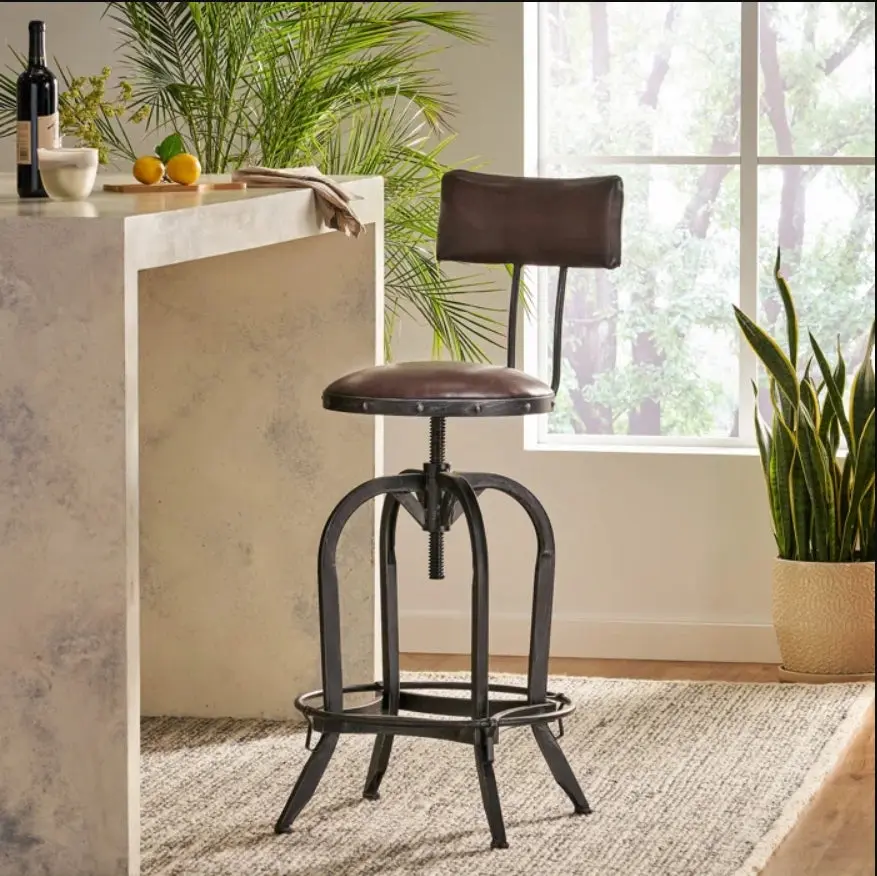 Upholstered Adjustable Height Swivel Barstool Brown PU Leather nh-inmax