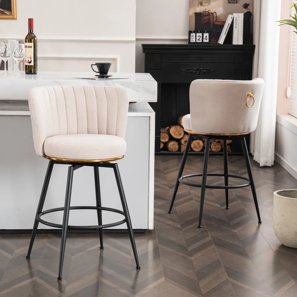 Set 2 Beige Swivel Bar Stools High Back Adjustable Upholstered Seating rnb