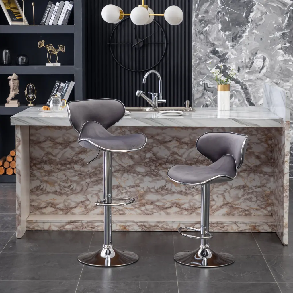 Masaccio Velvet Upholstered Swivel Barstool Set 2 Gray hz