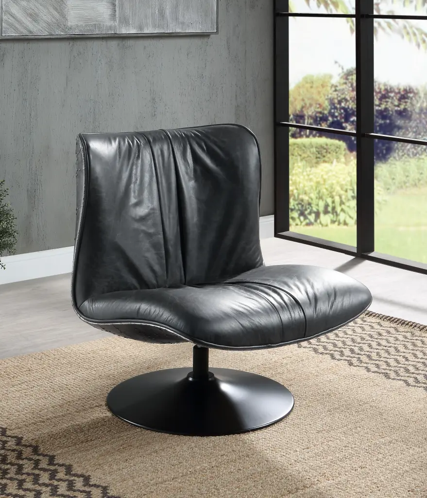 Piotr Swivel Accent Chair Black Top Grain Hide Modern Living Room Furniture acme onsite store