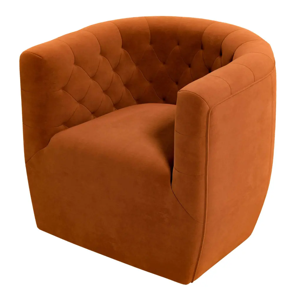 Delaney Burnt Orange Velvet Swivel Chair Orange Velvet Fabric Wood Legs ashcroft furniture