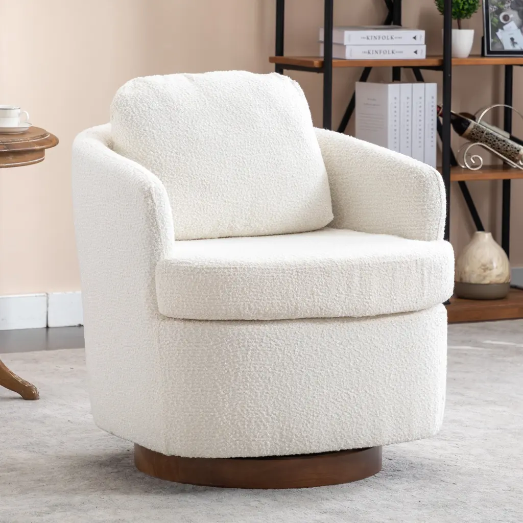 035 Boucle Fabric Swivel Accent Chair Solid Wood Round Brown Base dg collection