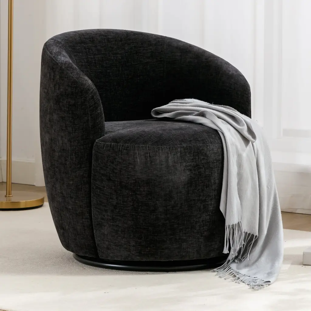 Chenille Fabric Swivel Accent Armchair Barrel Chair Black Powder Coated Base dg collection