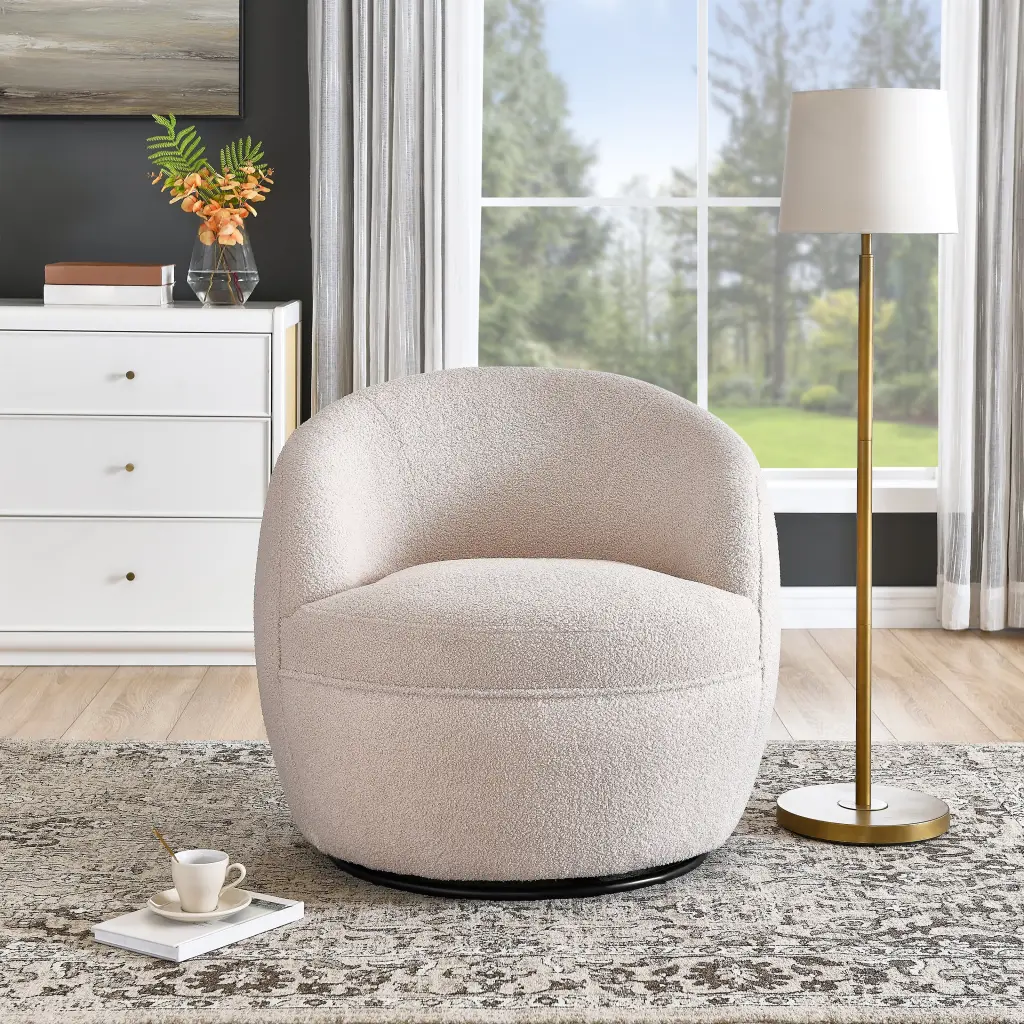 Galleria 360 Swivel Teddy Sherpa Barrel Chair Beige Cozy Living Room Accent Chair hz
