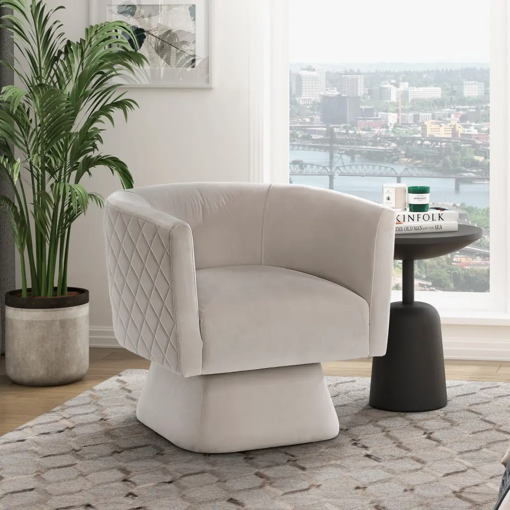 1Pc Swivel Chair Taupe Velvet Upholstery Solid Timber Gemstone Pattern kanepe
