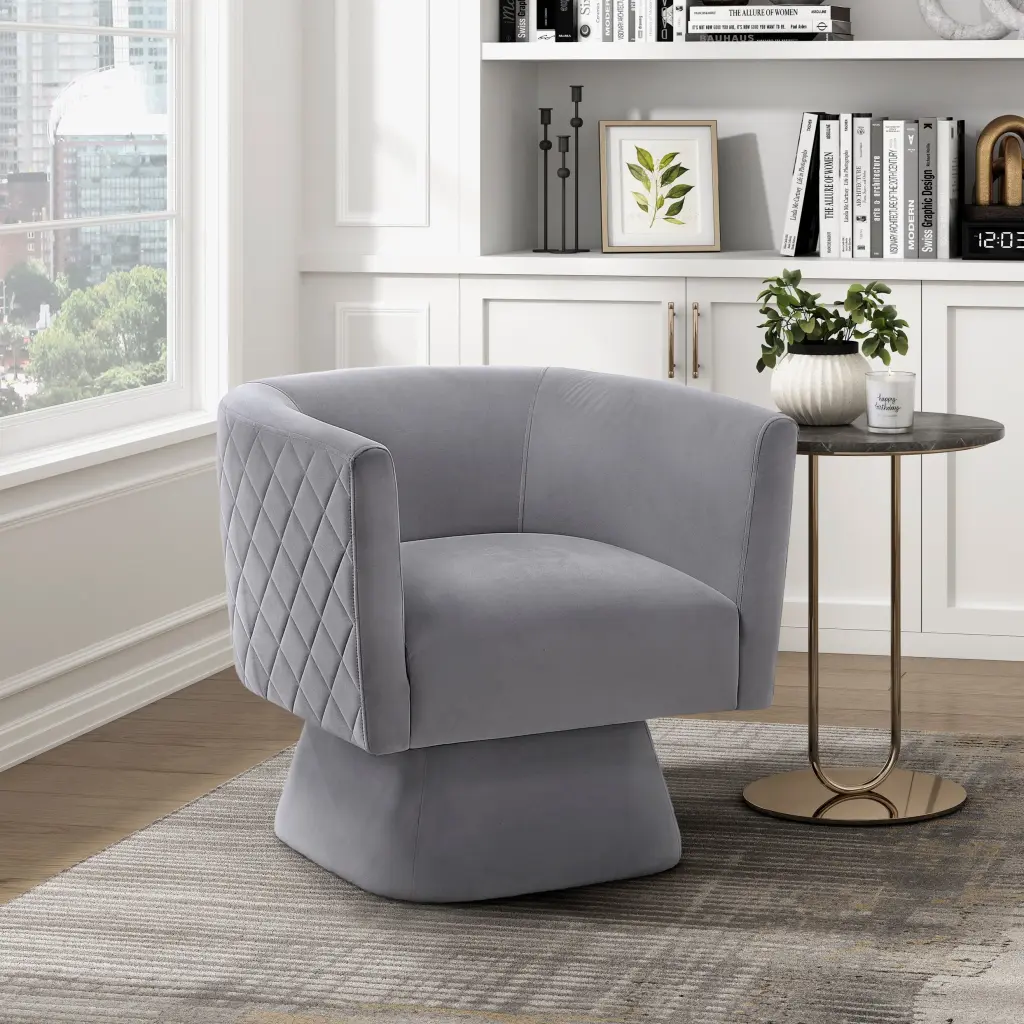 1 Piece Swivel Chair Gray Velvet Fabric Upholstery Solid Wood Diamond Pattern kanepe