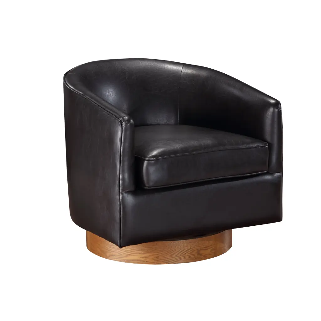 Maisy Brown Faux Leather Swivel Barrel Chair Wood Base ridgecrest home