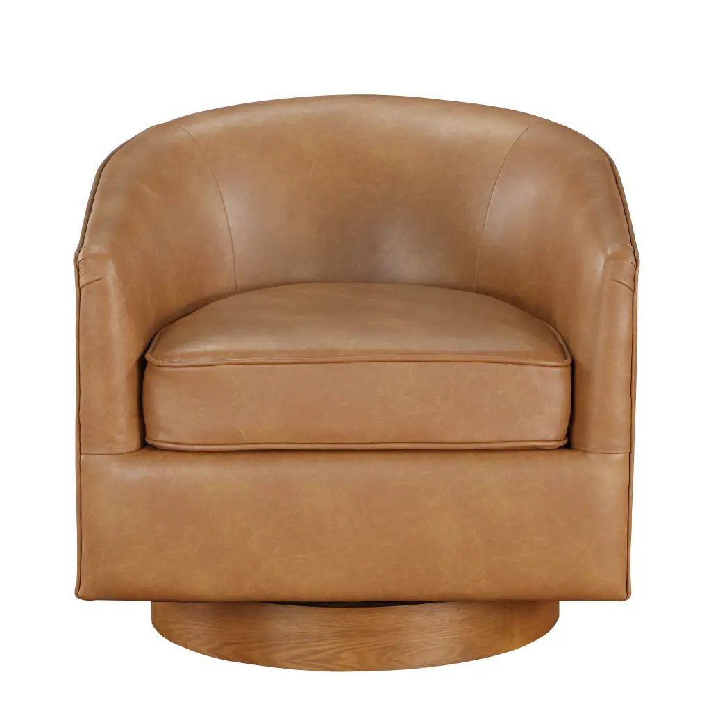Maisy Saddle Faux Leather Wood Base Barrel Swivel Chair Brown Foam Polished ridgecrest home