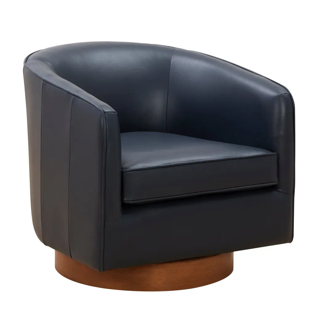 Tessa Midnight Blue Top Grain Leather Swivel Chair Wood Base Dark Navy ridgecrest home