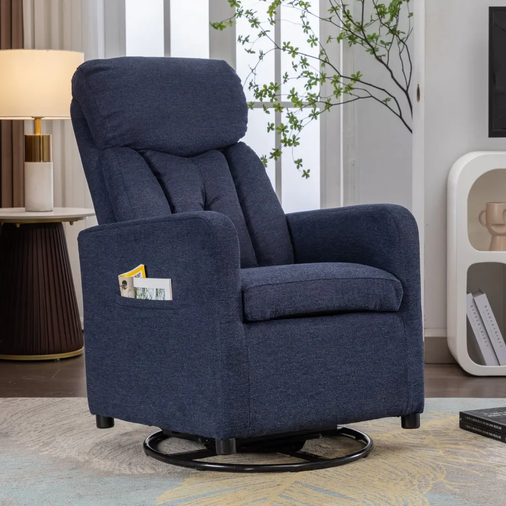 Linen Fabric Swivel Rocking Chair Gilder Chair Pocket Navy Blue dg collection