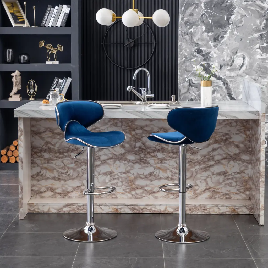 Masaccio Blue Velvet Upholstered Customizable Swivel Barstool Set 2 hz