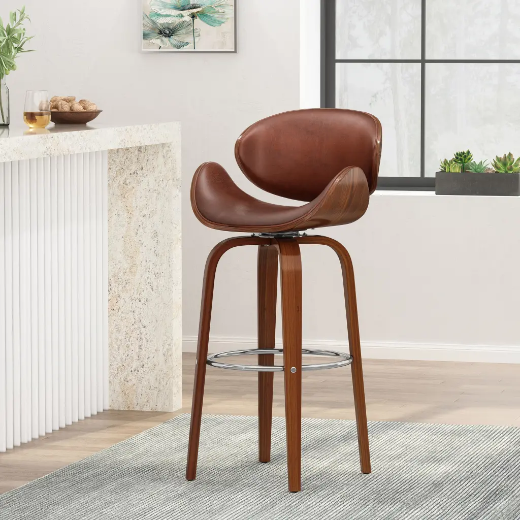 30 Inch Mid Century Modern Upholstered Swivel Barstool Walnut Cognac Brown Finish nh-onfind