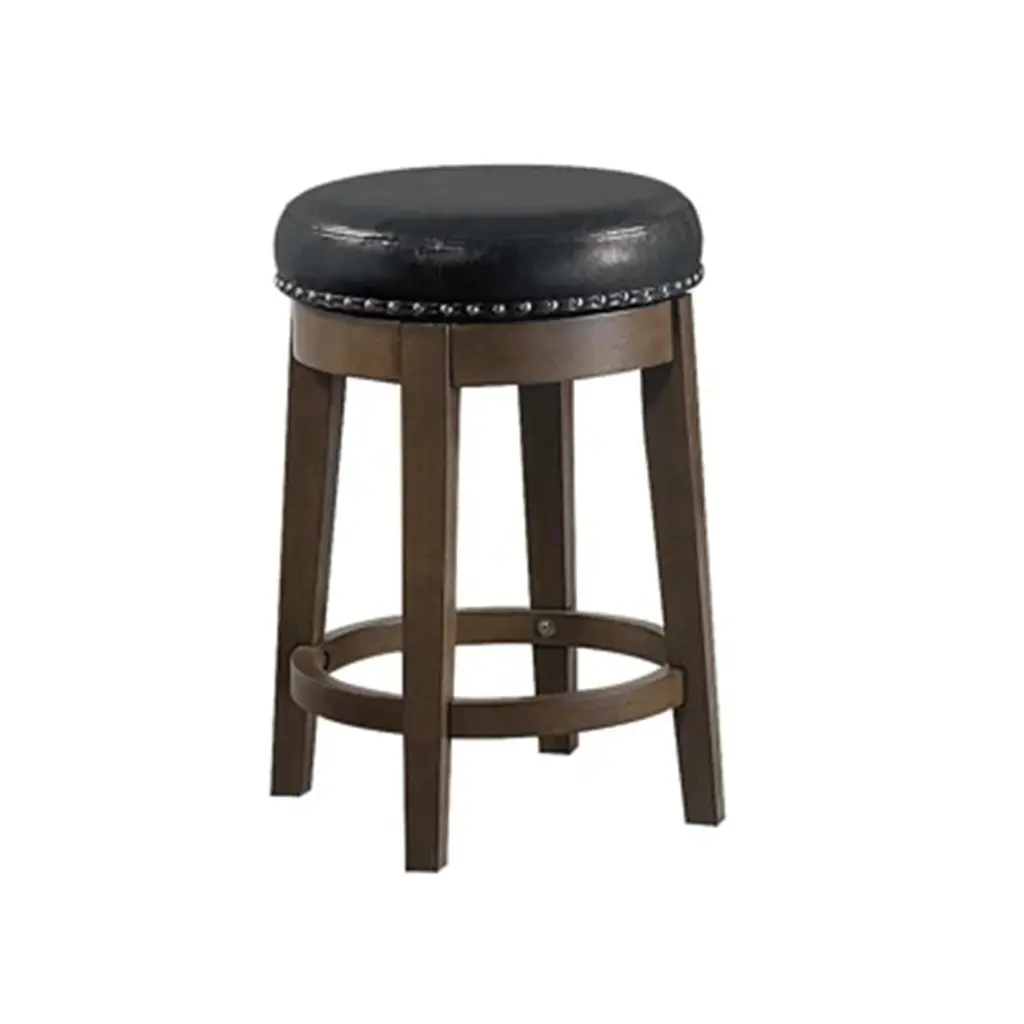 Drue 24 Inch Set 2 Swivel Counter Stools Brown Wood Black Faux Leather royal hampton