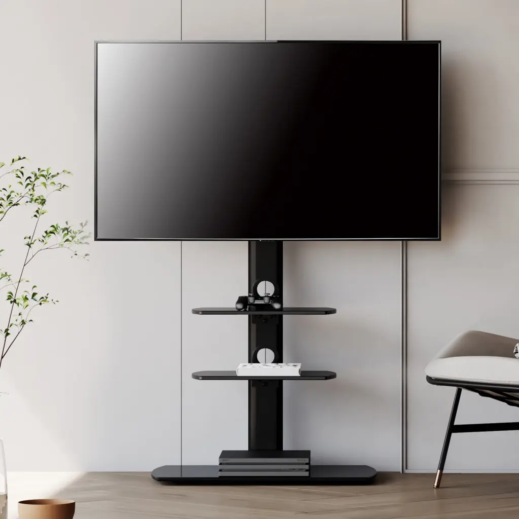 FITUEYES TV Stand Swivel Mount and Glass Shelves TVs up to 65 Inches Black Entertainment Center