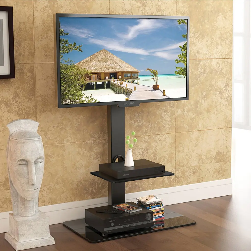FITUEYES Swivel TV Stand Mount 32-65 Inch TVs Black Entertainment Center Glass Shelves