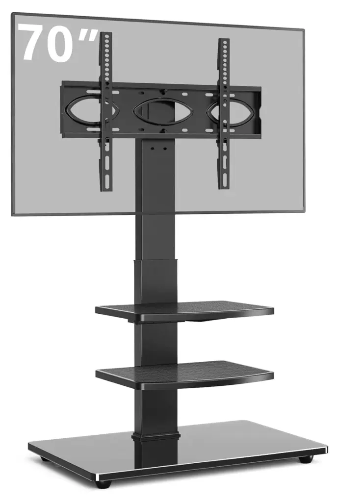 Zazesaby Swivel Floor TV Stand Mount 32-70 Inch Flat Curved TVs 3-Shelf Tall Narrow Stand Tempered Glass Base