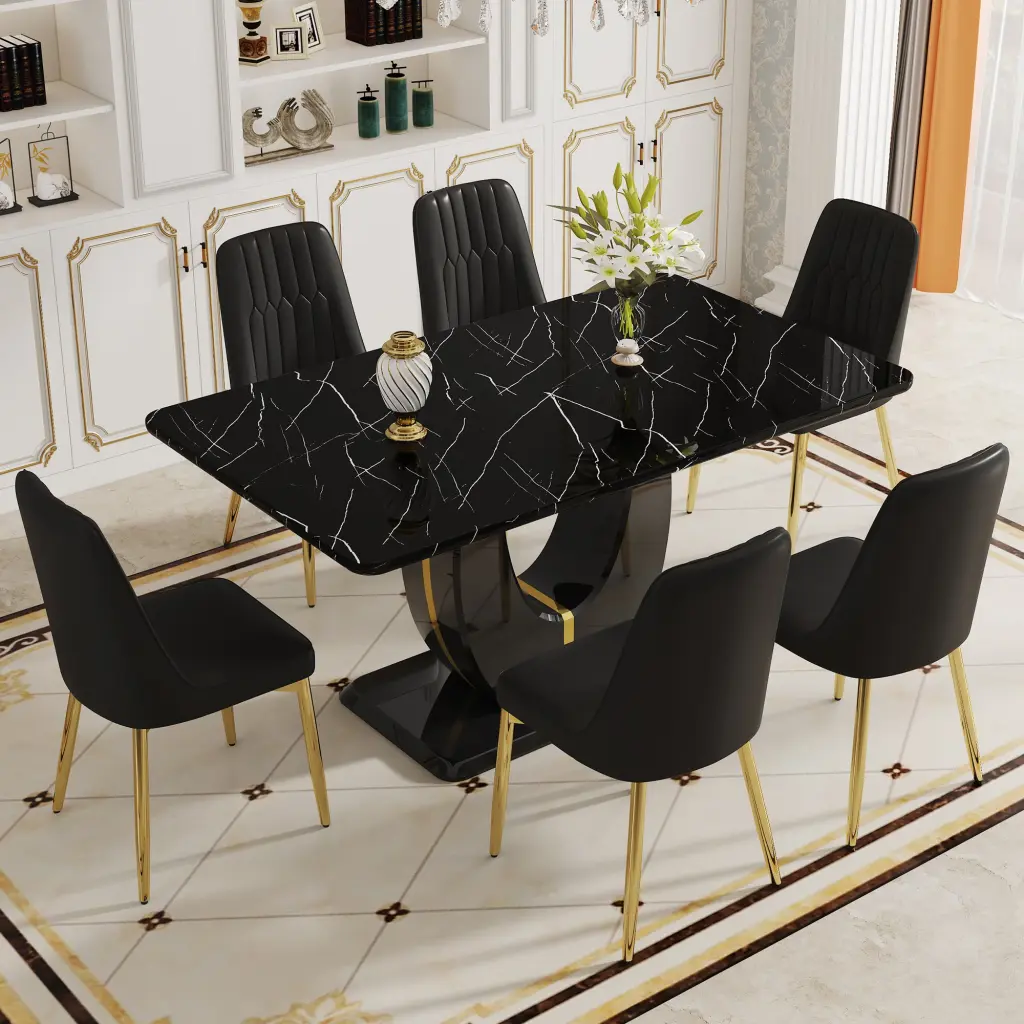 Table and Chair Set 63W X 37D X 30H Black Marble MDF Dining Table Seating droom w-1151