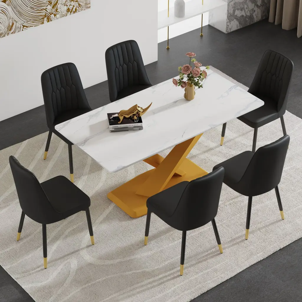 Table and Chair Set Stone Patterned MDF Top Dining or Office droom w-1151