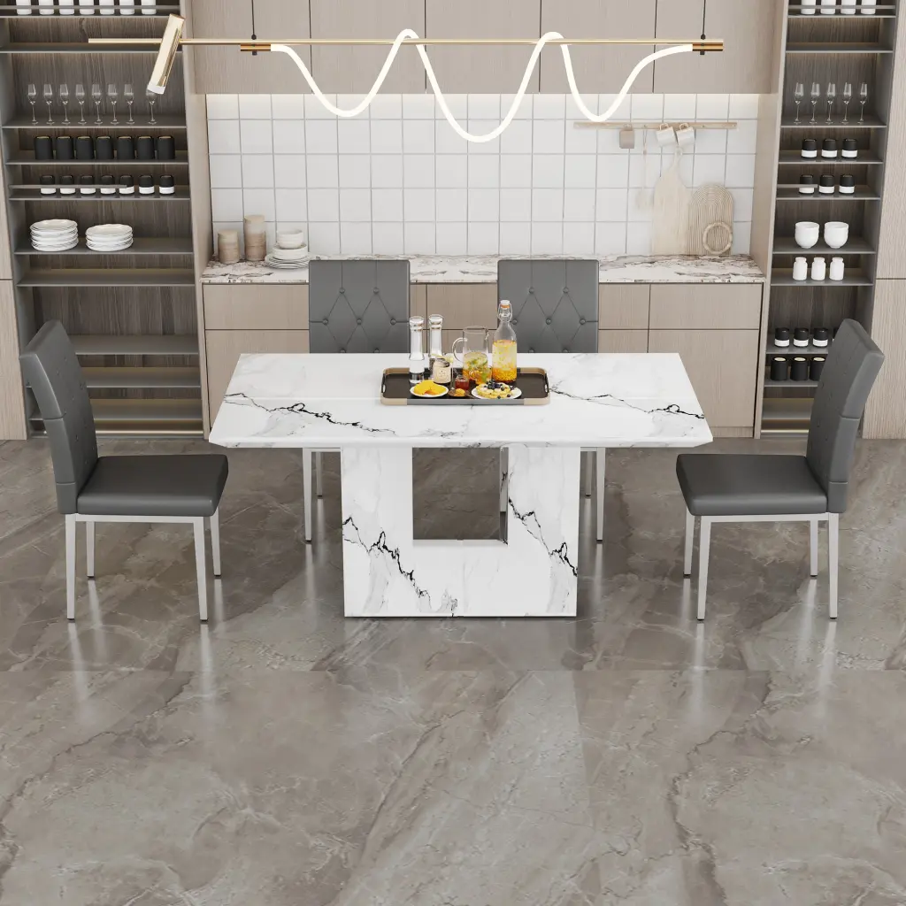 White Marble Patterned MDF Dining Table and Chair Set 63x35.4 Inches droom w-1151