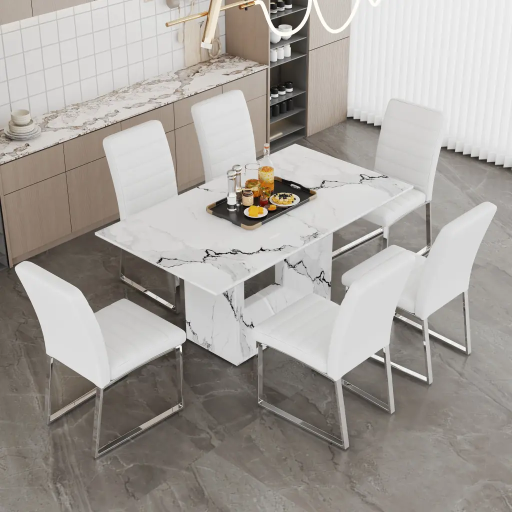 White Marble Patterned MDF Dining Table and Chair Set 63x35.4 Inches droom w-1151
