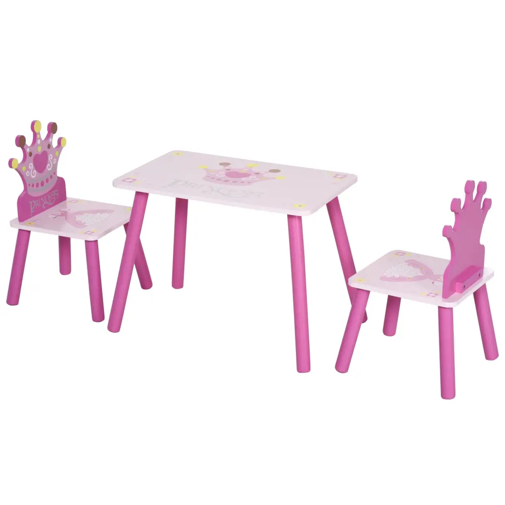 Qaba 3-Piece Kids Wooden Table and Chair Set Crown Pattern Gift aosom business