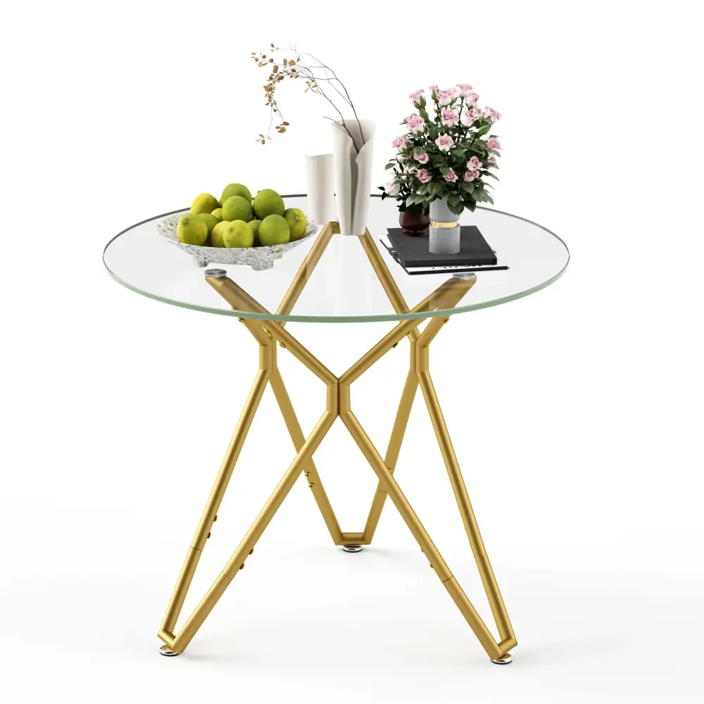 Modern Round Tempered Glass Dining Table Sturdy Metal Legs 1 - 4 People - Gold